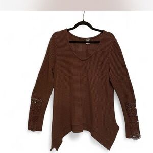 Boho Festival Hiking Granola Crochet Chocolate Brown Waffle Knit Top  XL